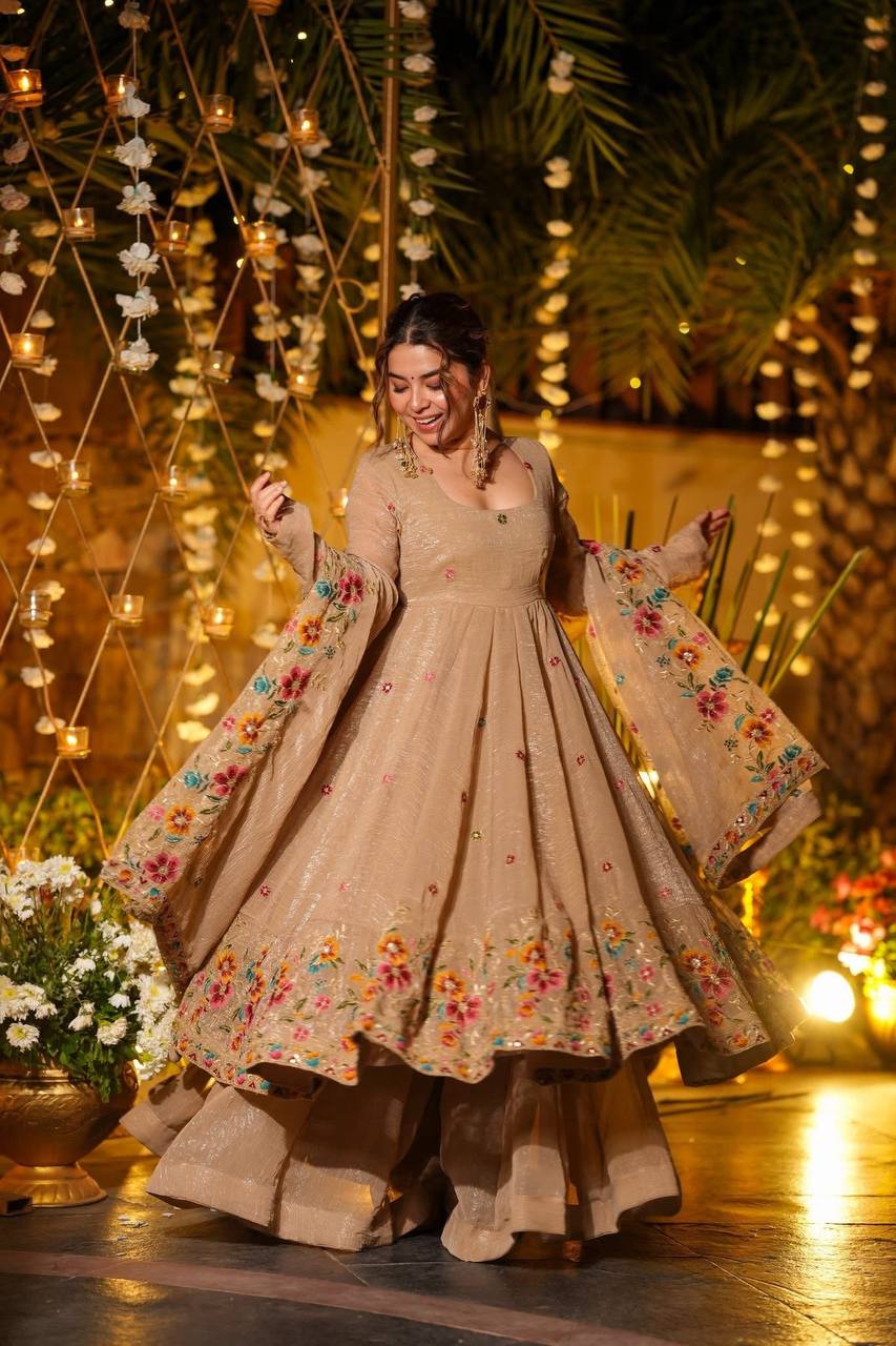 Champagne Beige Anarkali Sharara Set For Elegant Festive Wear