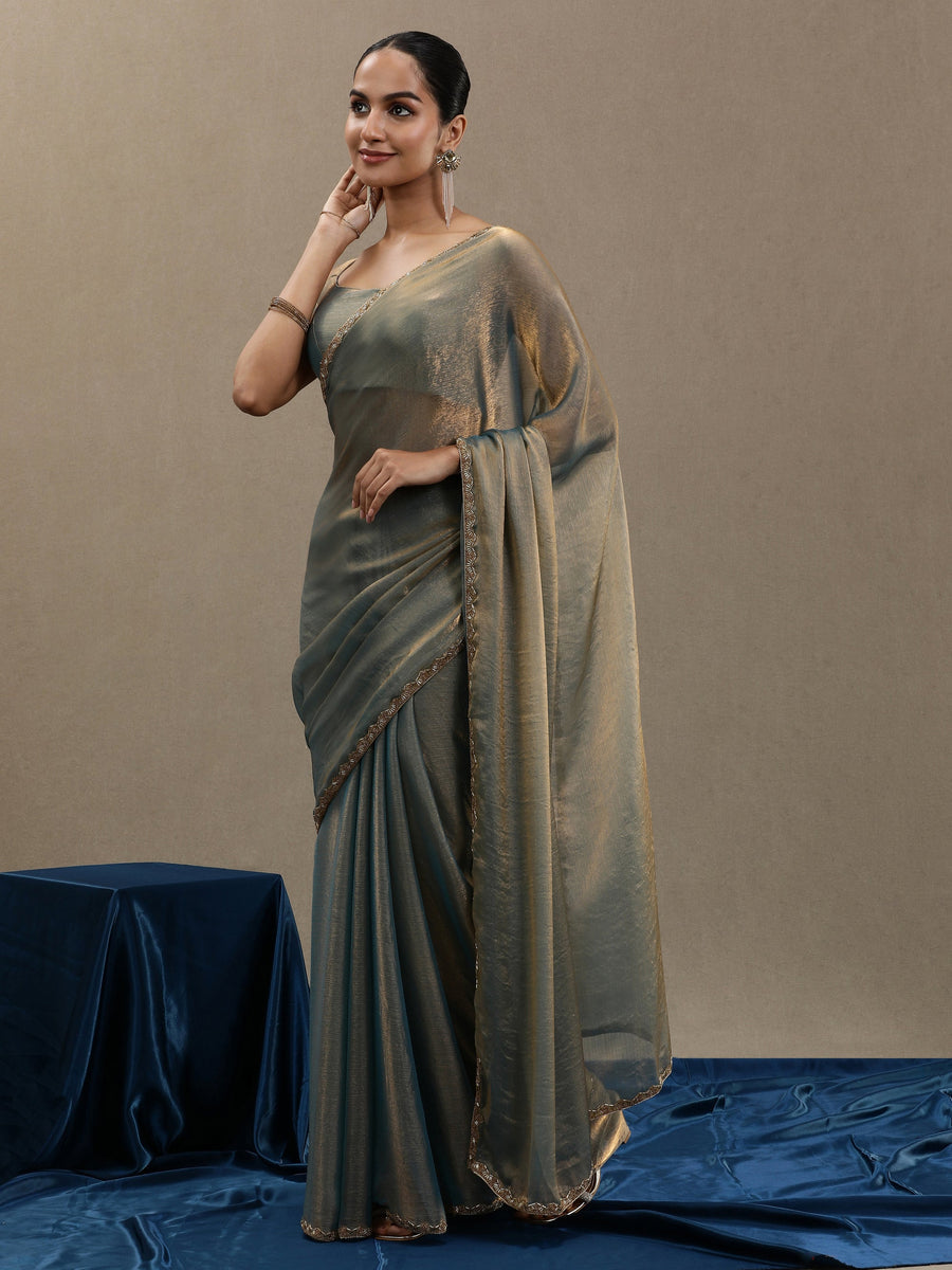 Elegant Grey-Gold Soft Organza Saree with Minimal Border – Premium Designer Saree
