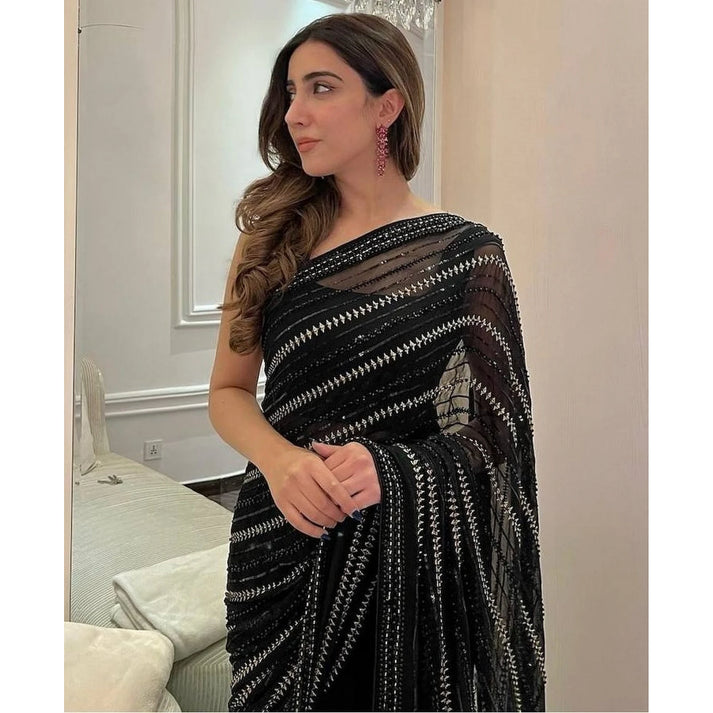Cocktail Black Premium Georgette Party Wear Saree with Sequin Embroidery Work