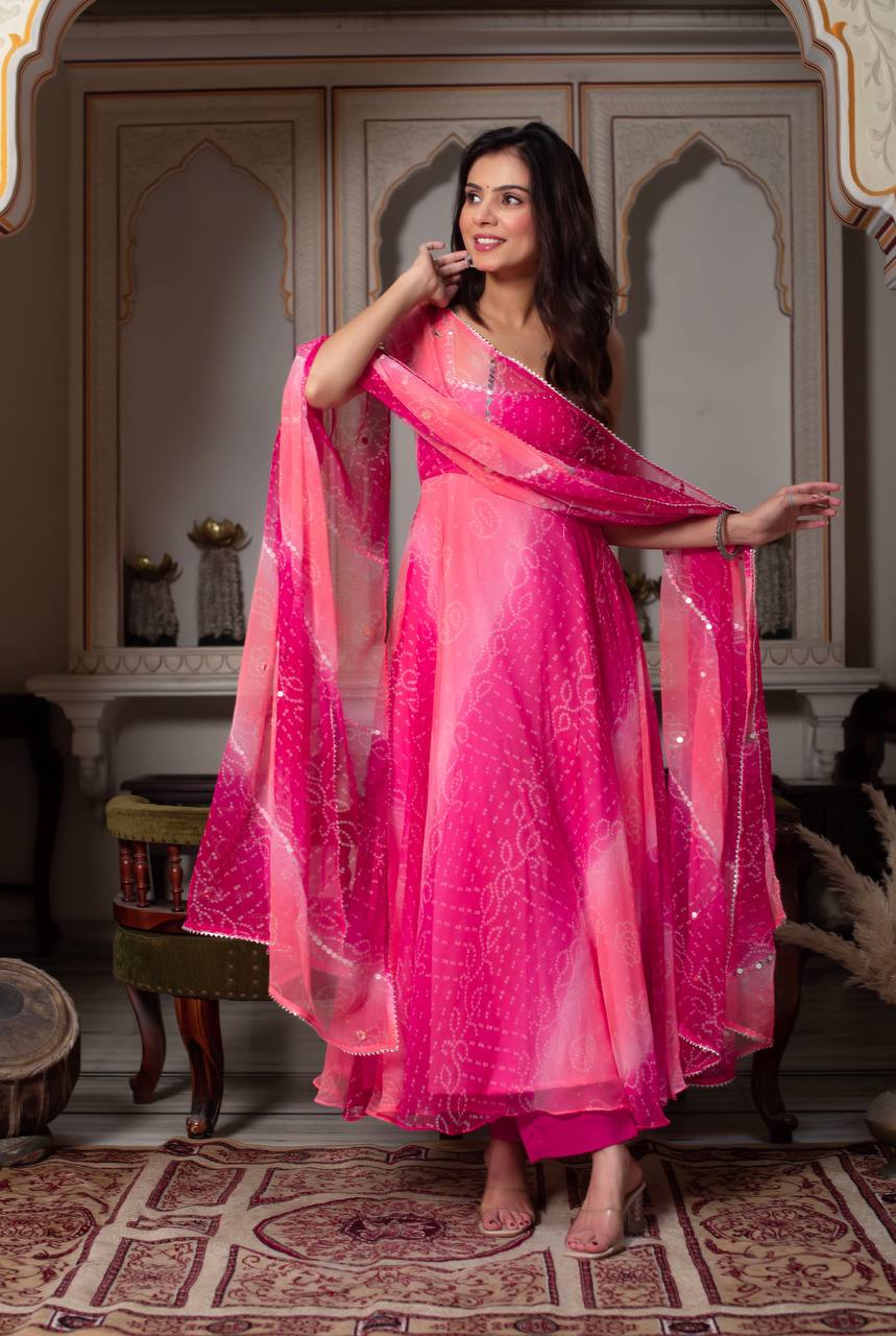 Luxury Pink  Real Mirror Handwork Anarkali Suit Set with  Dupatta & Pant