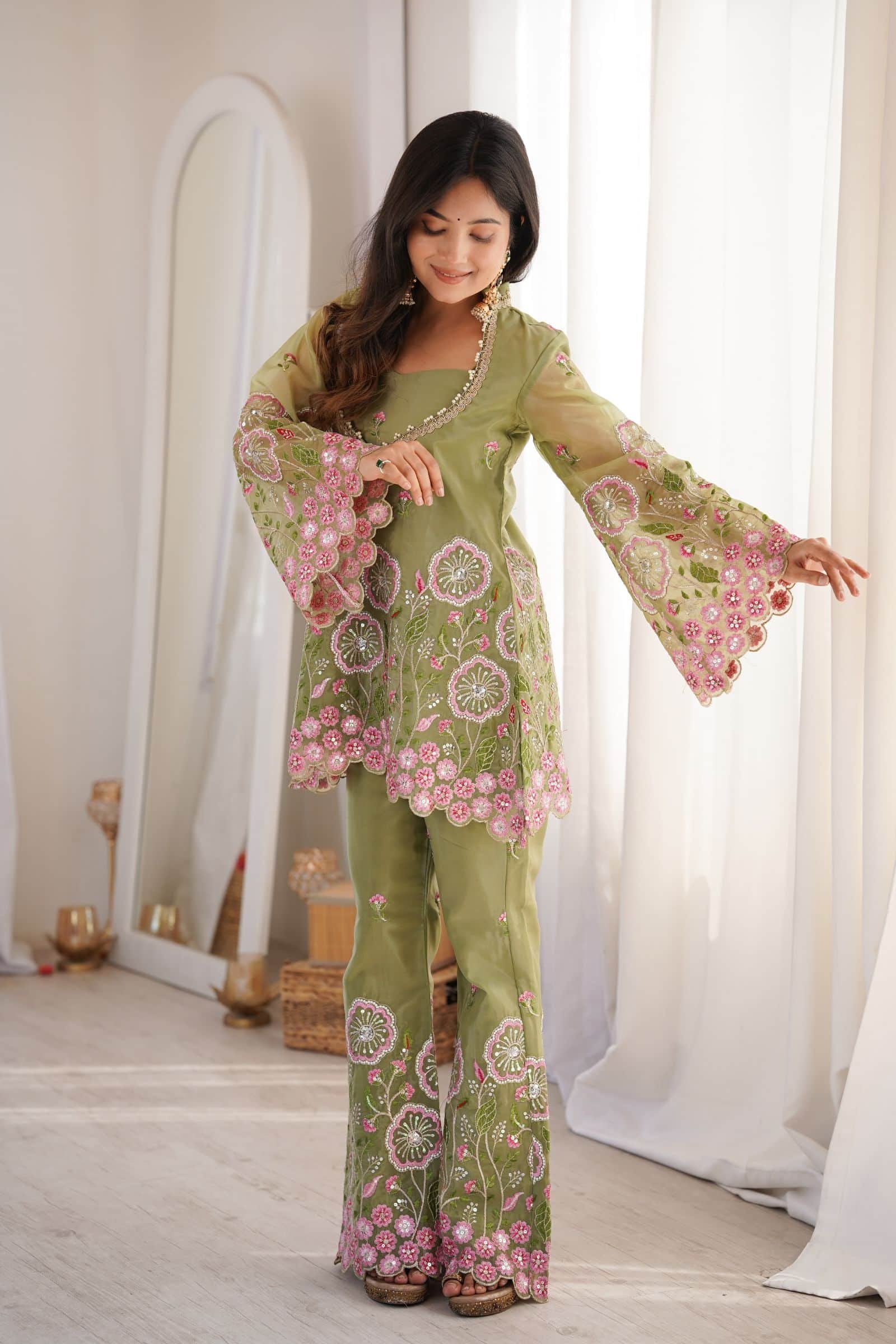 Olive Green Embroidered Co-Ord Set for Women | Designer Silk Palazzo Set with Sequins Work
