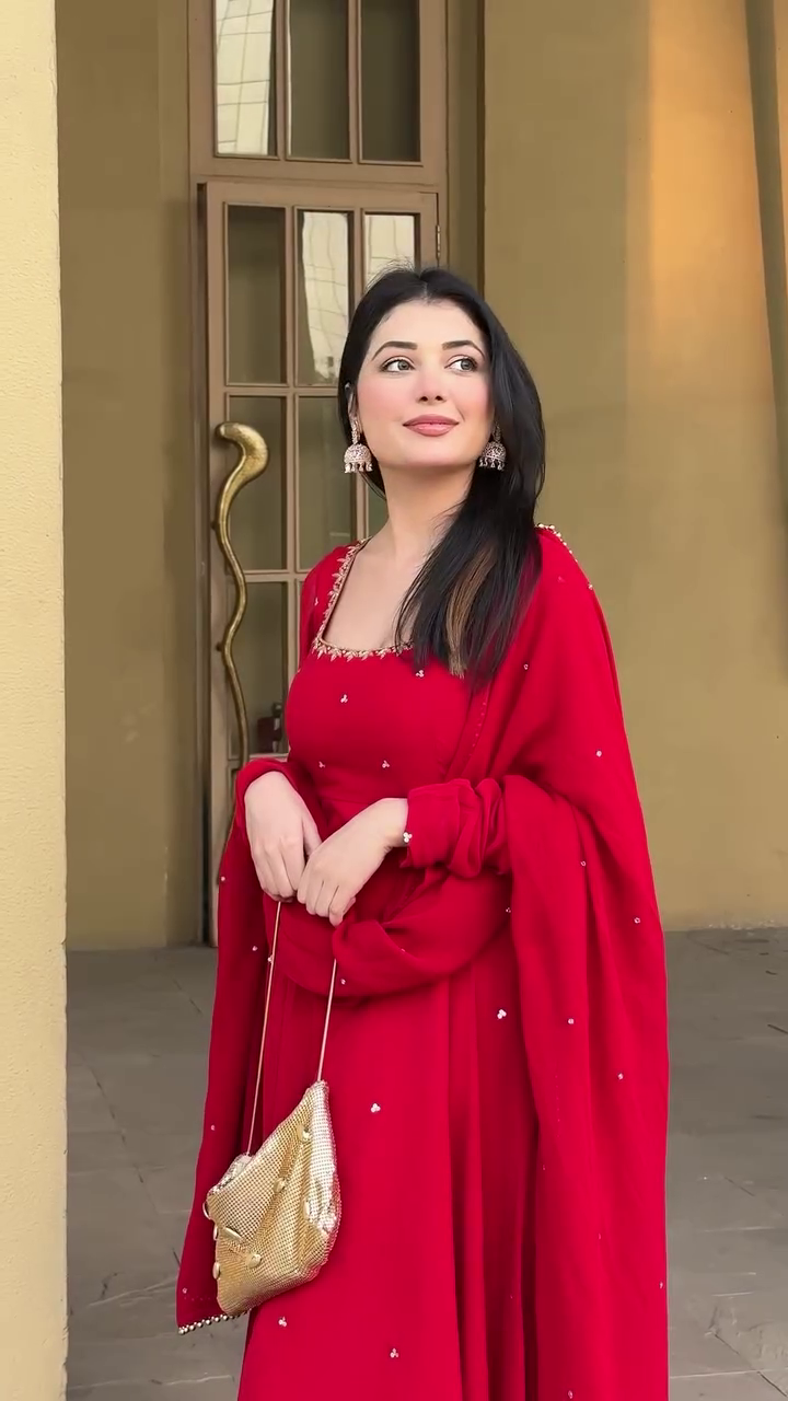 Red Heavy Georgette Handwork Anarkali Suit with Lace Dupatta & Cotton Silk Pants