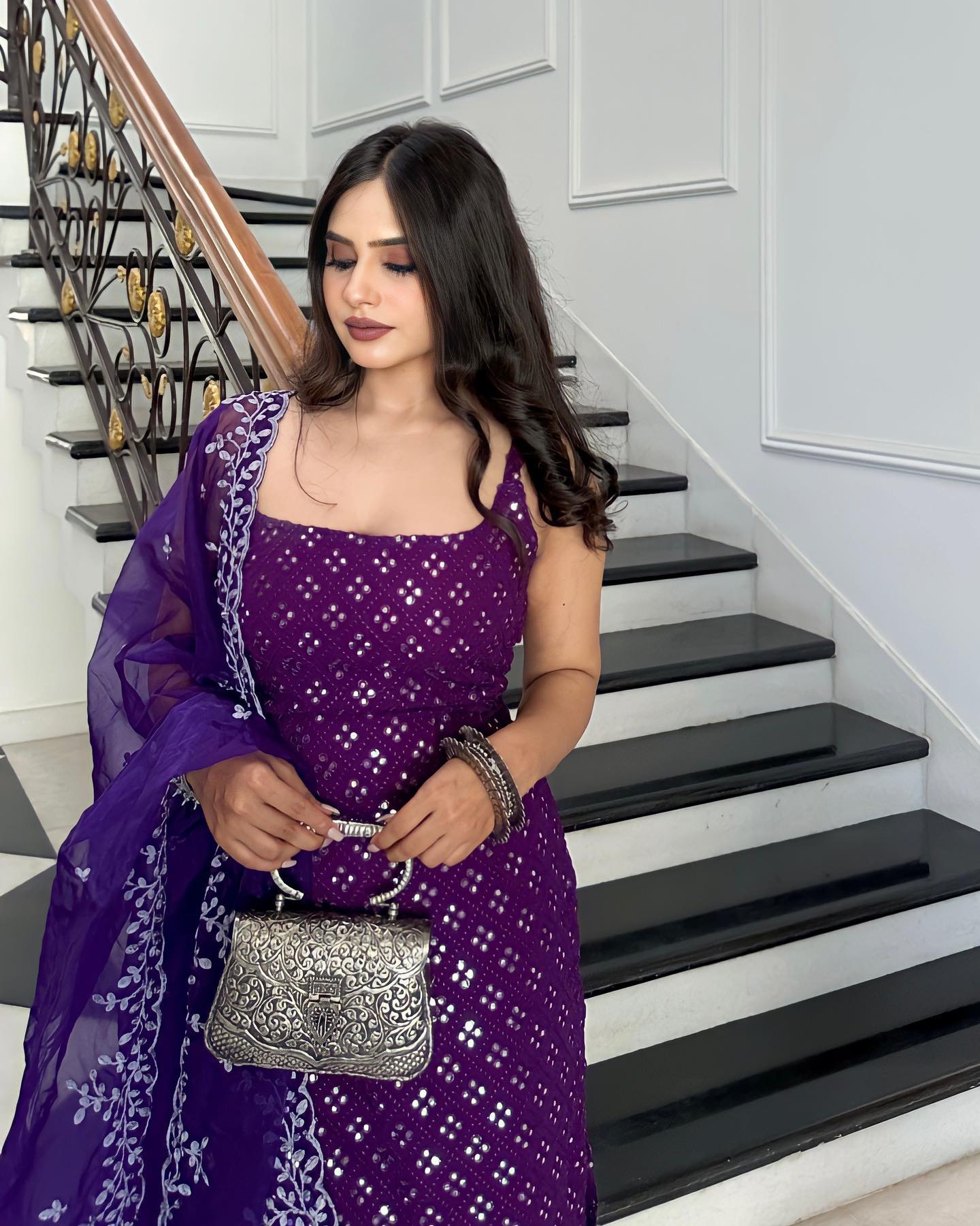 Festive Wear Purple Georgette Embroidered Kurti Sharara Set with Dupatta