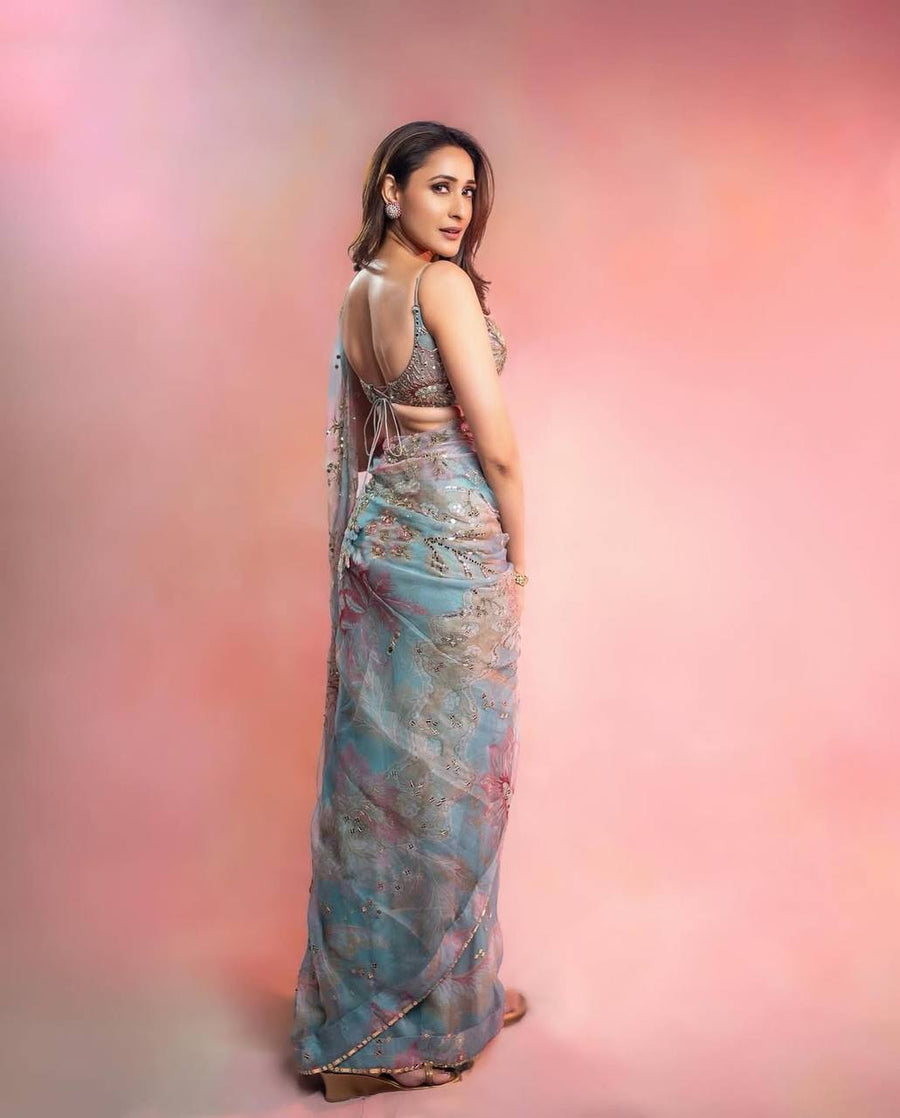 Bollywood Inspired Pastel Blue Luxury Embroidered Party Wear Saree