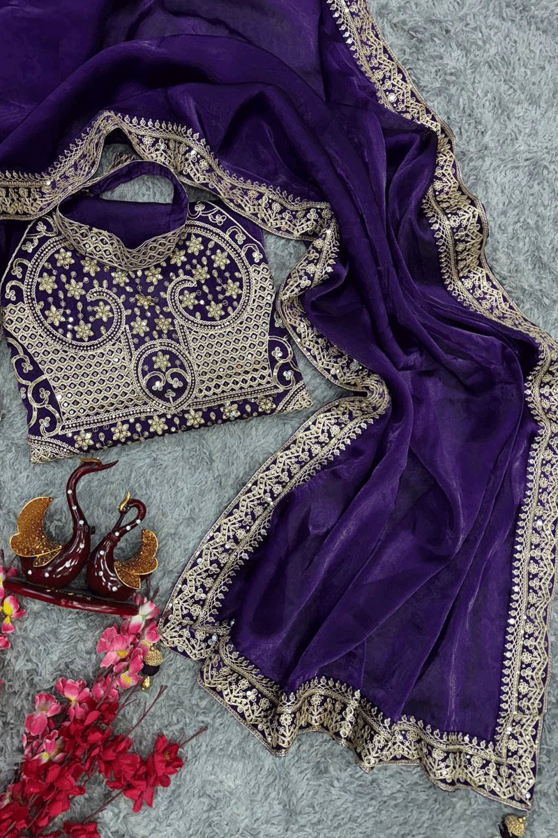 Party & Wedding Wear Designer Royal Purple Embroidered Sequin Saree with Mirror Work
