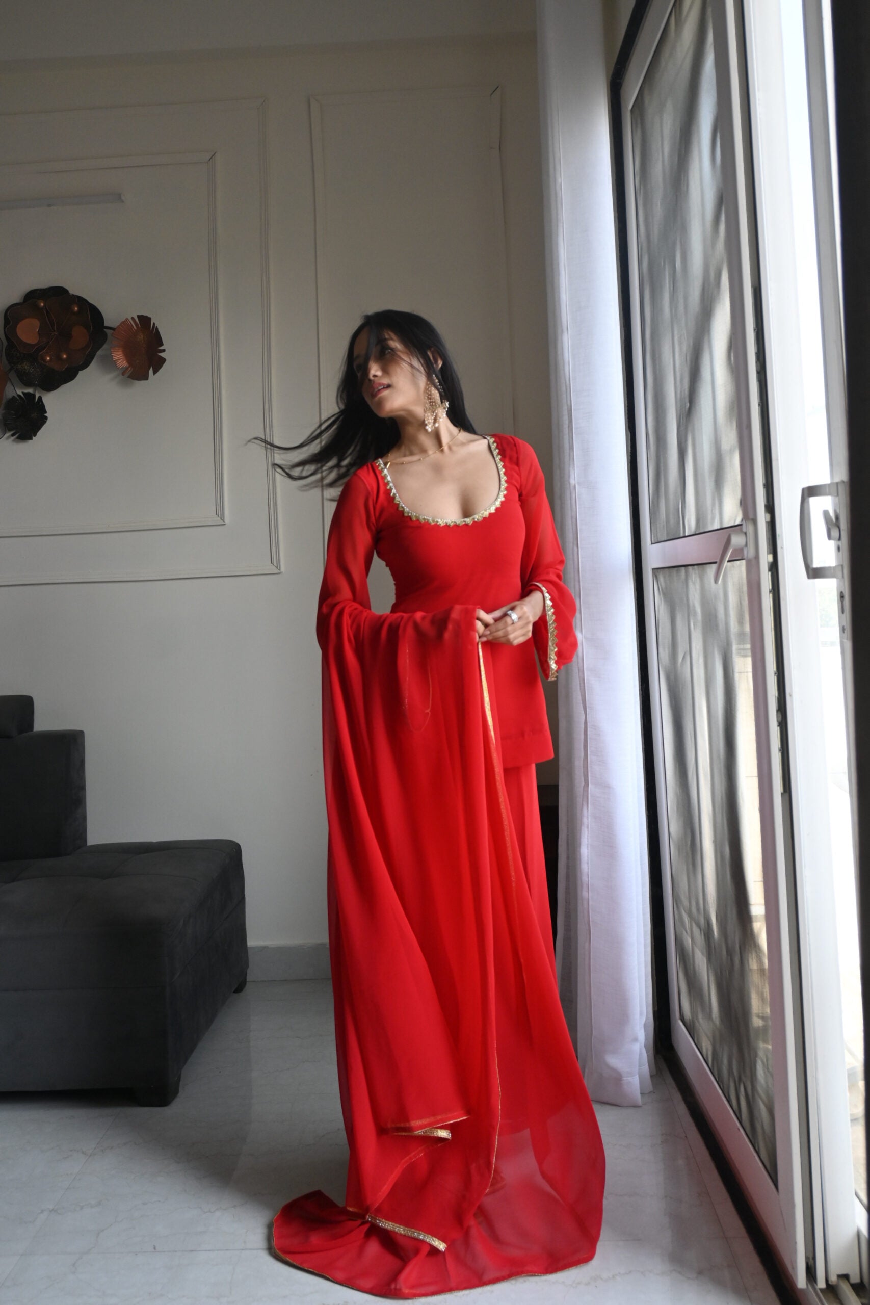 90's Style Red Handcrafted Georgette Palazzo Kurti Set | 90s Dress For Women | 90s Outfits Women