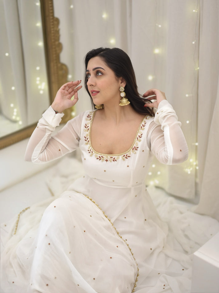 Festive Wear Elegant Apsara Off-White Faux Georgette Anarkali Suit Set with Handwork Dupatta