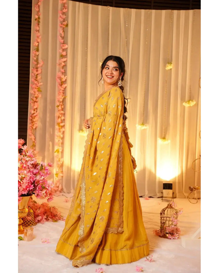 Haldi Wear Mustard Yellow Chinnon Silk Anarkali Suit with Dupatta – Sleeveless & Flared