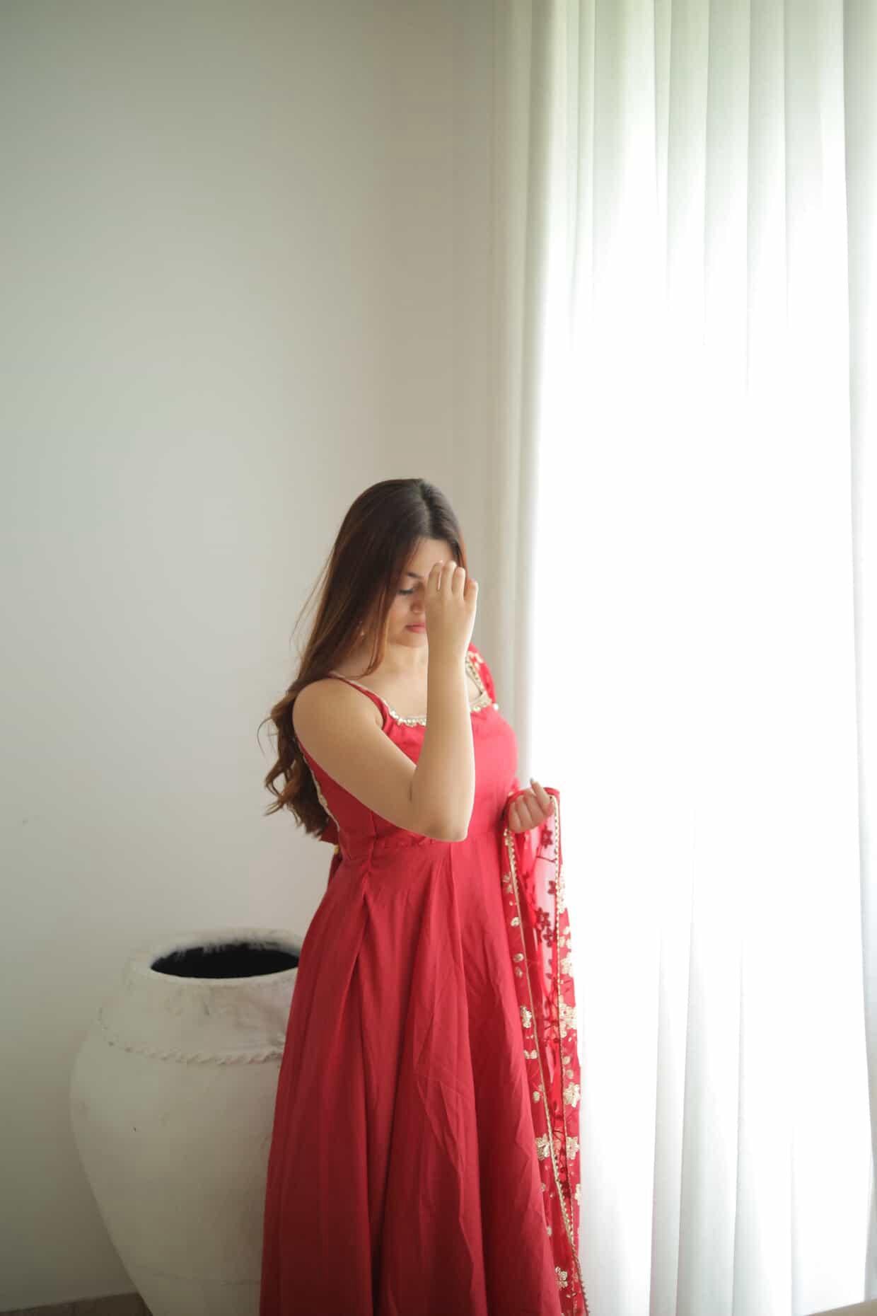 Red Georgette Sleeveless Gown with Sequins Dupatta | Party & Festive Wear