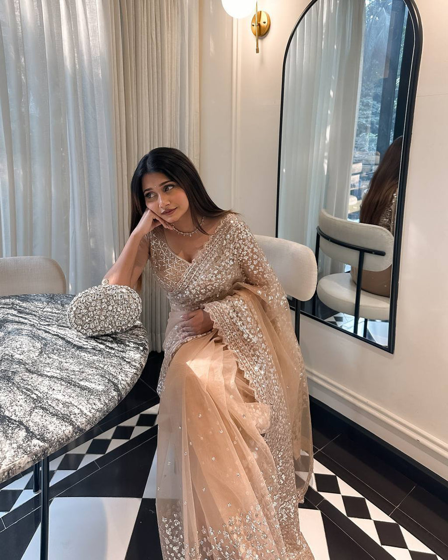 Partywear Beige Butterfly Mono Net Designer Saree with Sequin & Thread Work