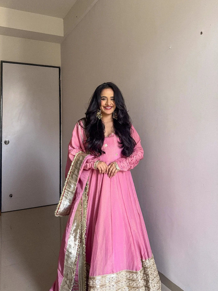 Party Wear Dusty Pink Vichitra Silk Anarkali Suit Set with Dupatta