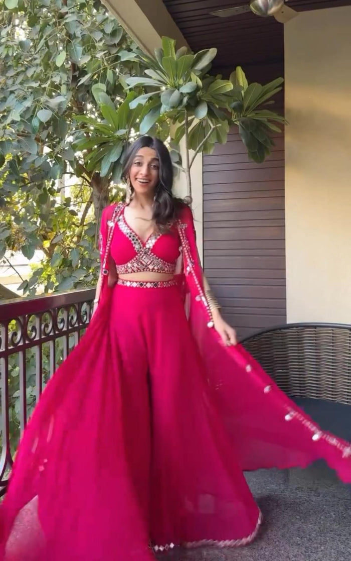 Hot Pink Mirror Work Jacket Style Indo Western Dress For Women | Indo Western Dress For Women