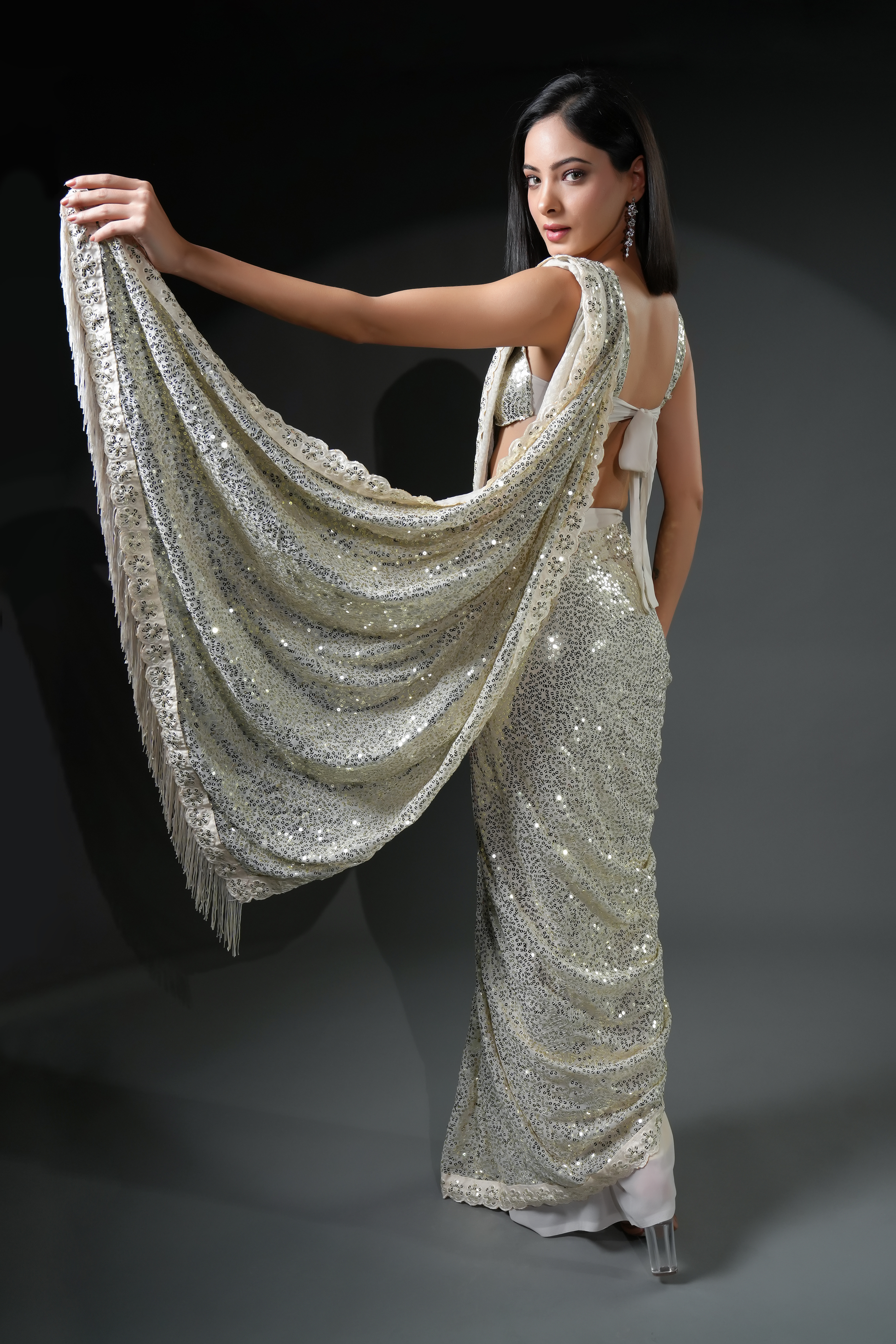 Designer Silver 1 Minute Ready To Wear Saree for Party & Evening Wear