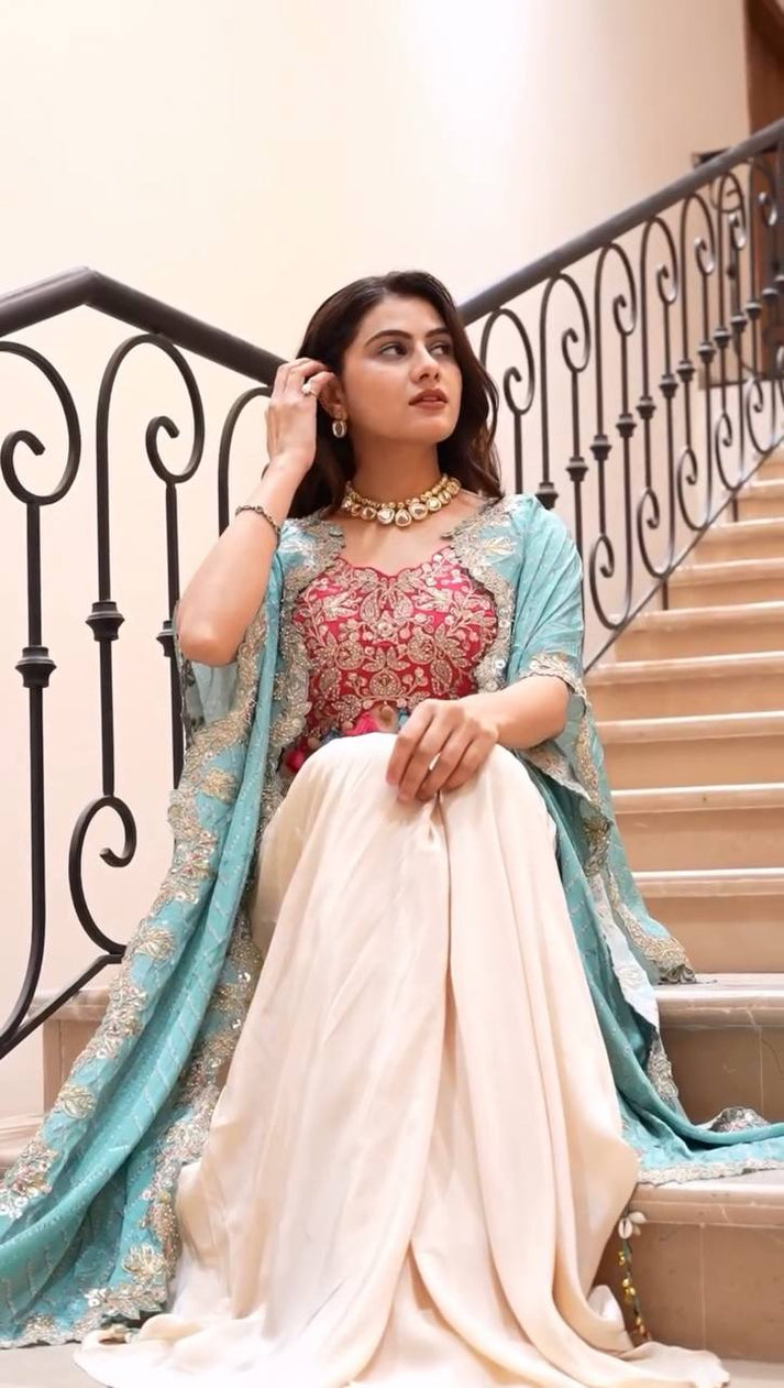 Indo Western Dress For Women | Cream Cowl Skirt & Rama Embroidery Blouse Set with Shrug