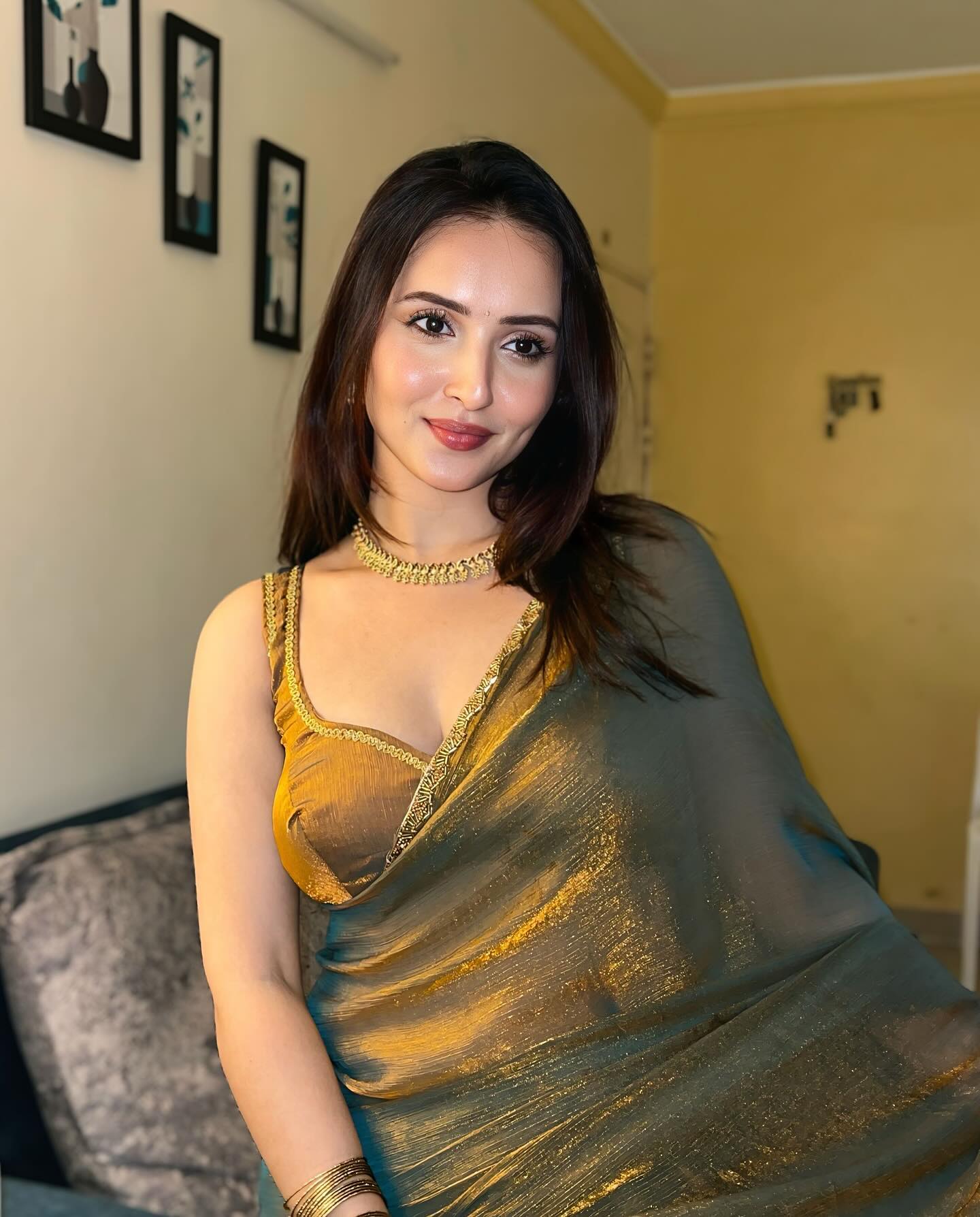Party Wear Saree For Women | Teal Green & Golden Saree with Handwork Lace Border