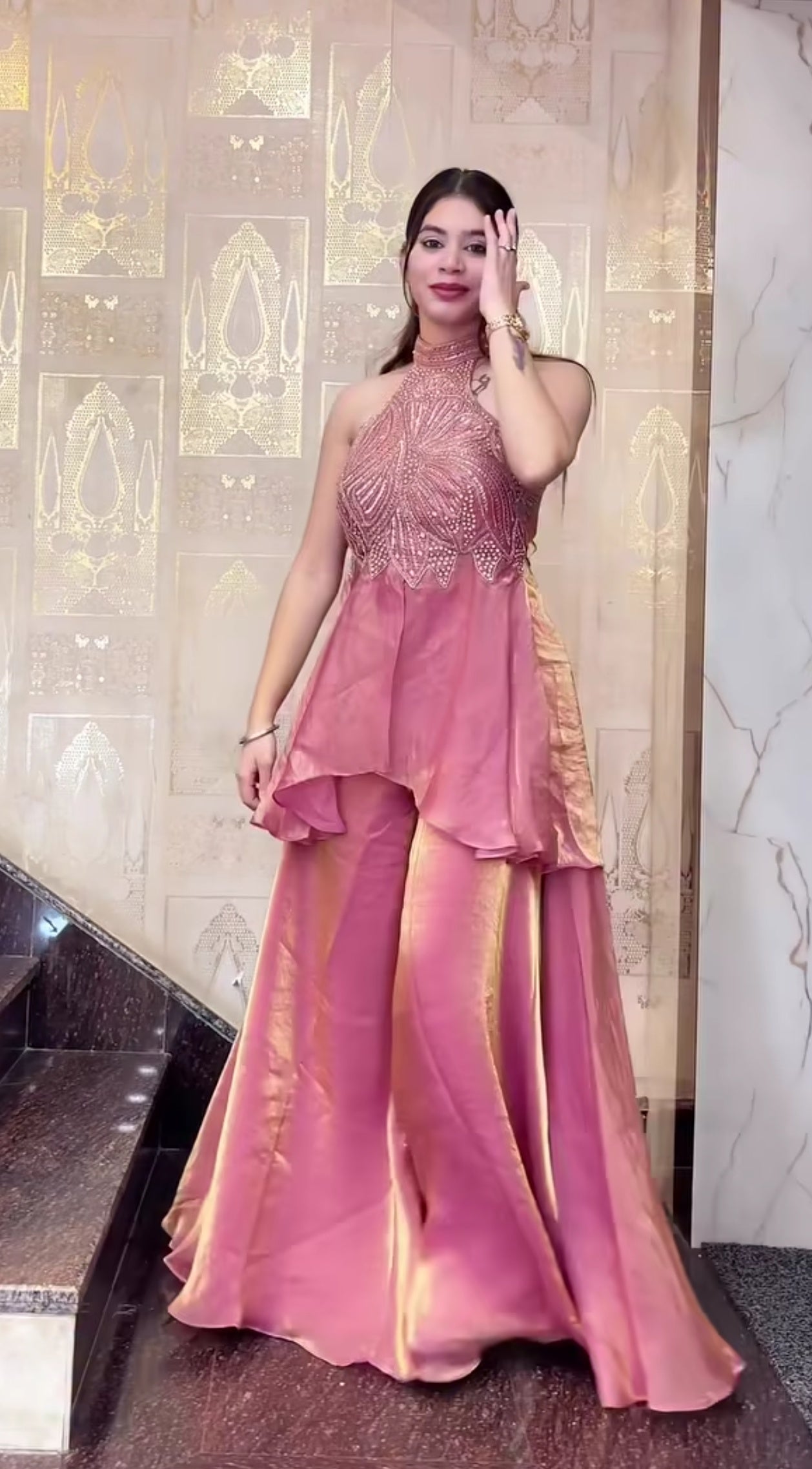 Modern Indo Western Halter Neck Sharara Palazzo Suit Set for Women