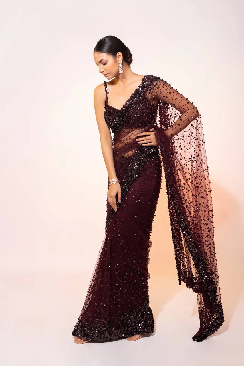 Dark Brown Glamorous Net Saree with Hologram Sequin Work & Banglori Silk Blouse
