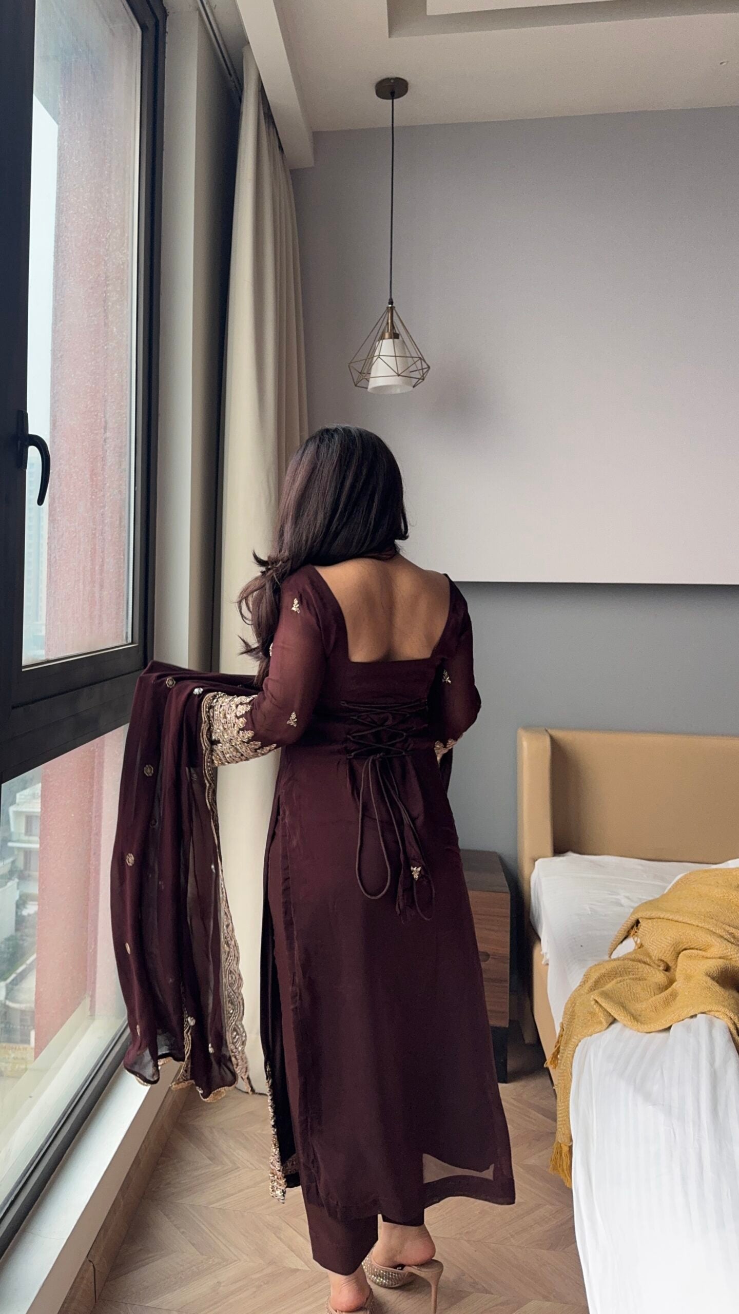 Wine Faux Blooming Anarkali Suit Set with Zari Embroidered Dupatta | Festive & Party Wear