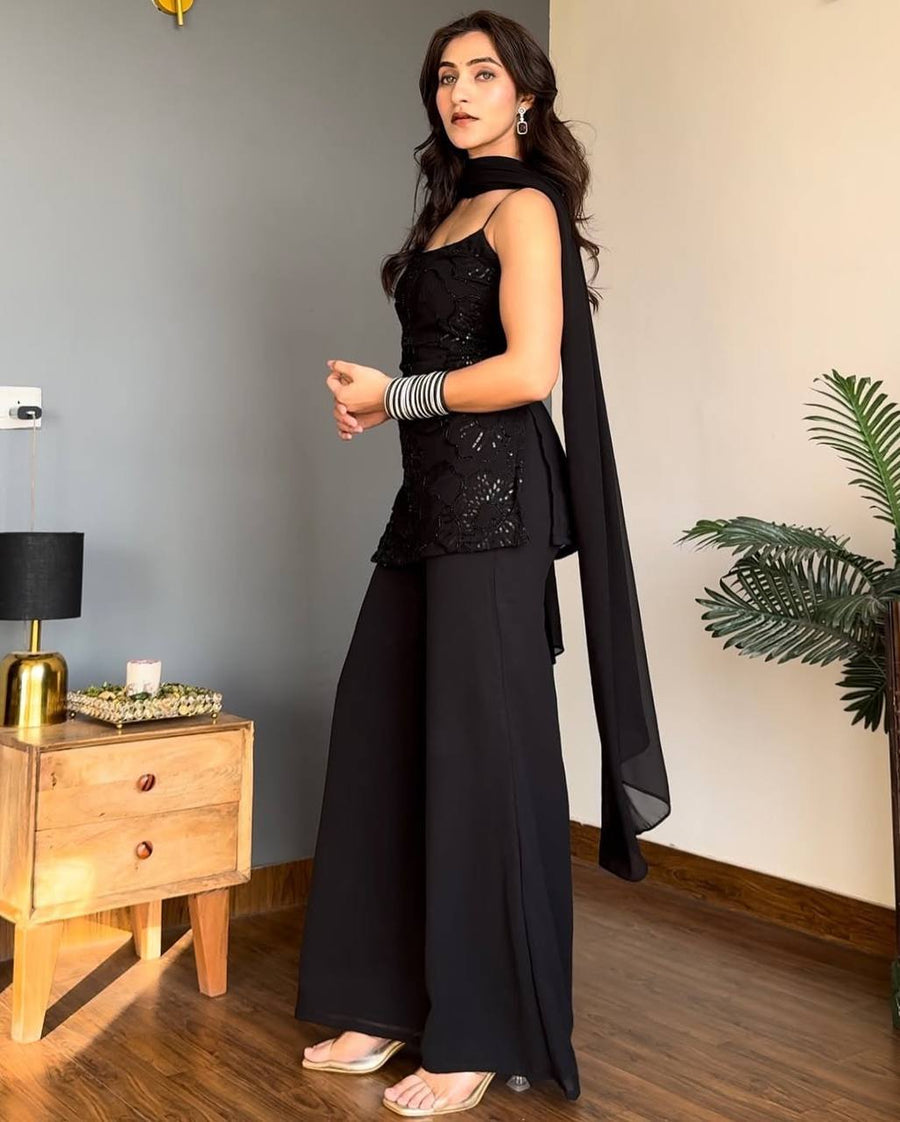 Classic 90's Inpired Black Cosmos Kurta Palazzo Set with Dupatta