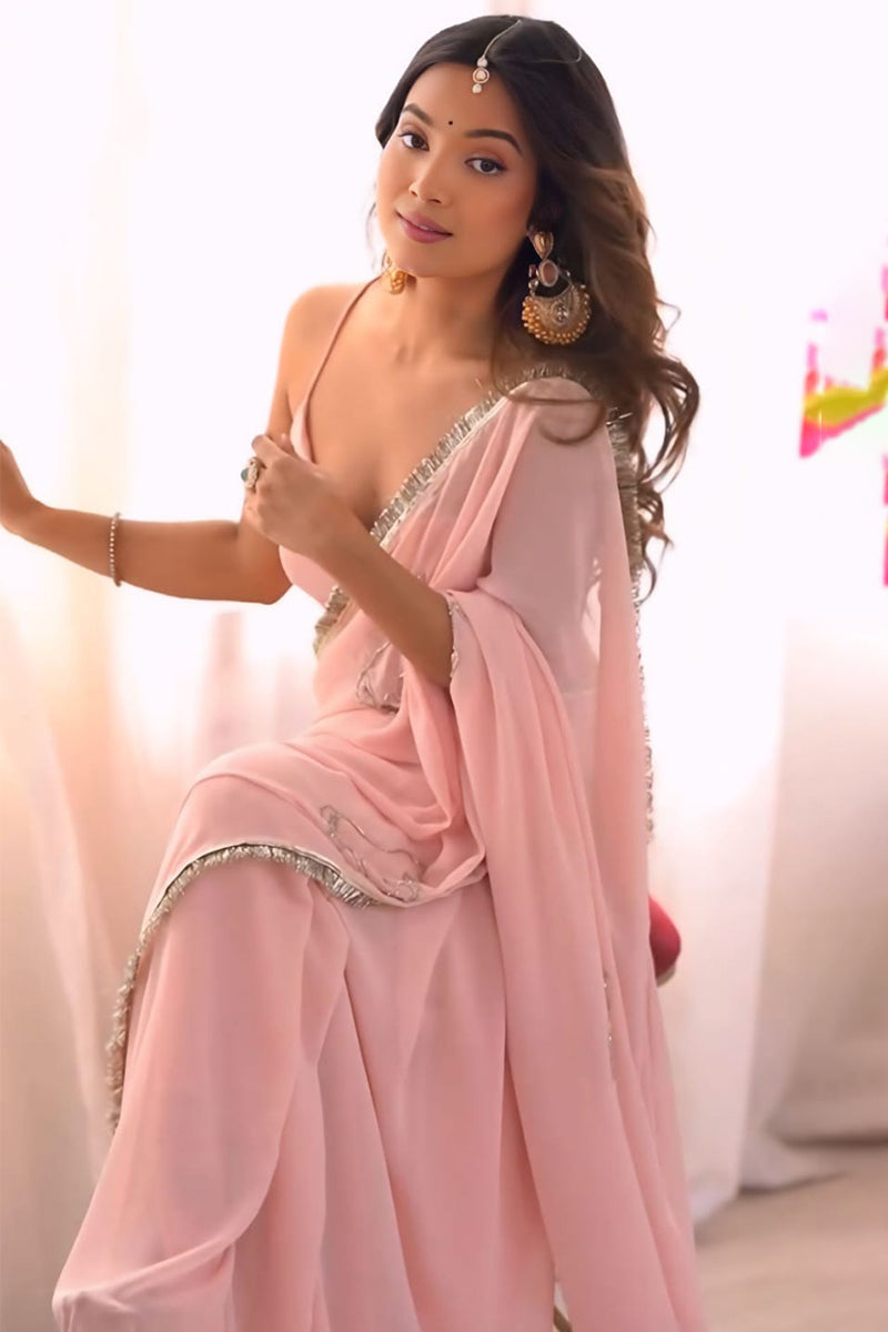 Ready To Wear Baby Pink Pre Draped Georgette Saree For Women | Ready To Wear Saree For Women