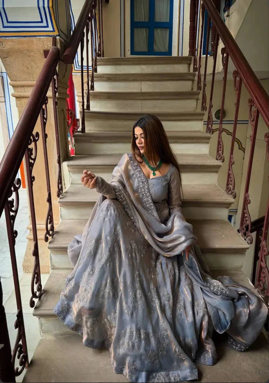 Silver Grey Embroidered Anarkali Palazzo Suit Set for Women | Wedding & Party Wear Palazzo Set