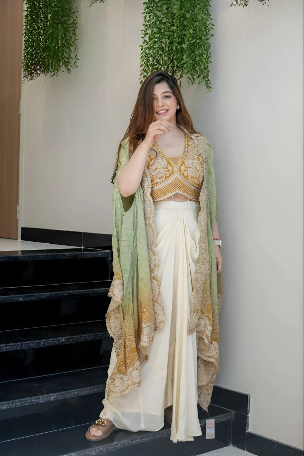 Ivory Pink Indo Western Draped Saree Set with Blouse & Shrug | Indo Western Dress For Women