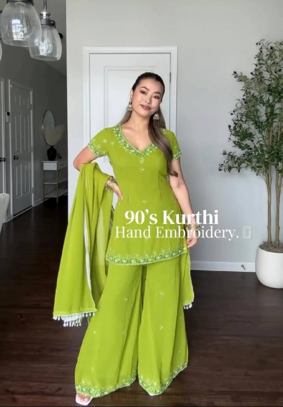 Lime Green Designer Sharara Palazzo Suit Set for Women