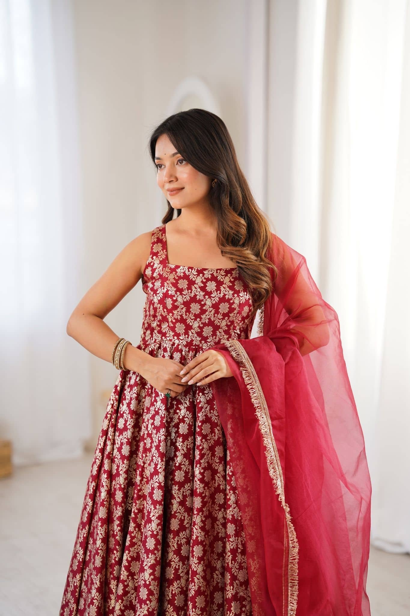 Festive Wear Maroon Silk Designer Anarkali Suit Set with Organza Dupatta for Women | Wedding & Sangeet Wear