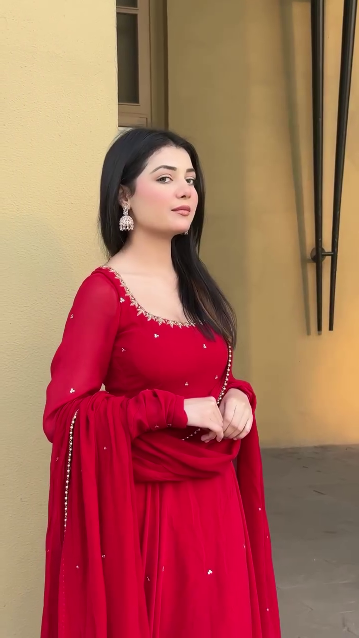 Red Heavy Georgette Handwork Anarkali Suit with Lace Dupatta & Cotton Silk Pants