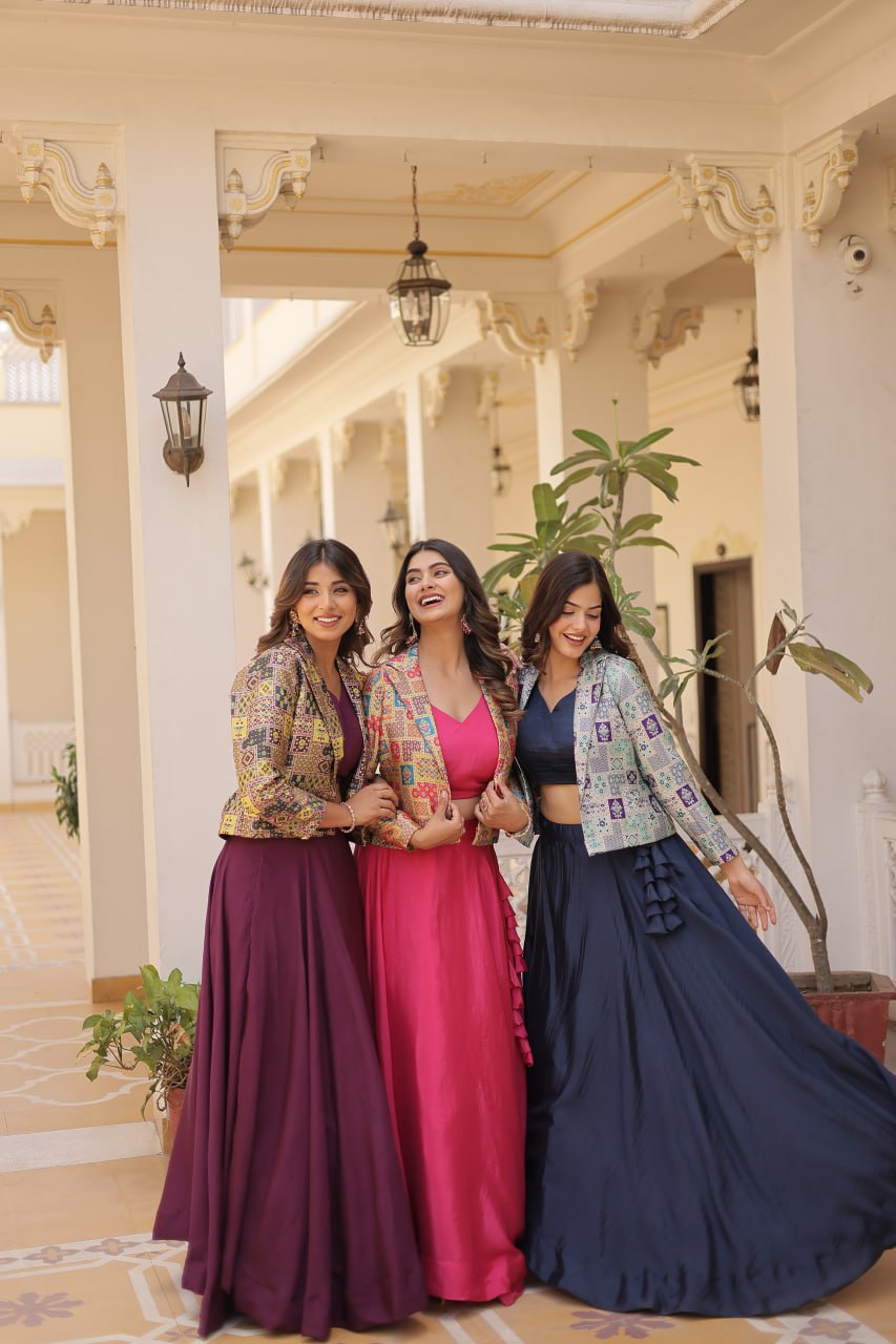 Stylish Chinon Fully Stitched Designer Lehenga Choli Koti Set - Ethnicwish