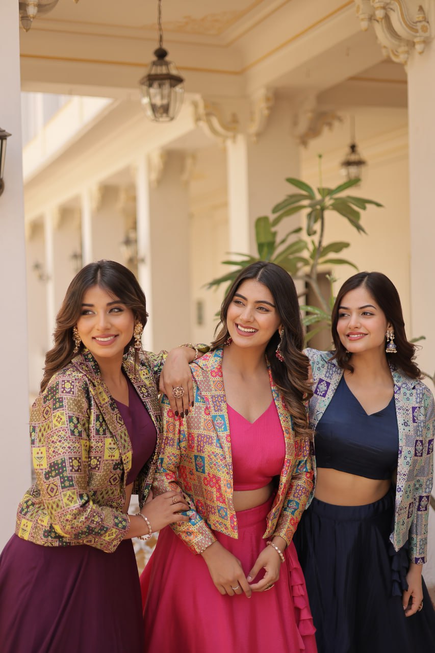 Stylish Chinon Fully Stitched Designer Lehenga Choli Koti Set - Ethnicwish