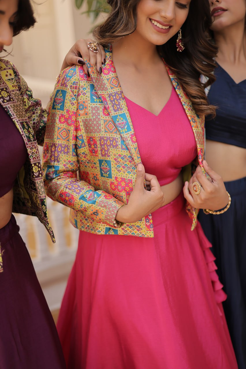 Stylish Chinon Fully Stitched Designer Lehenga Choli Koti Set - Ethnicwish