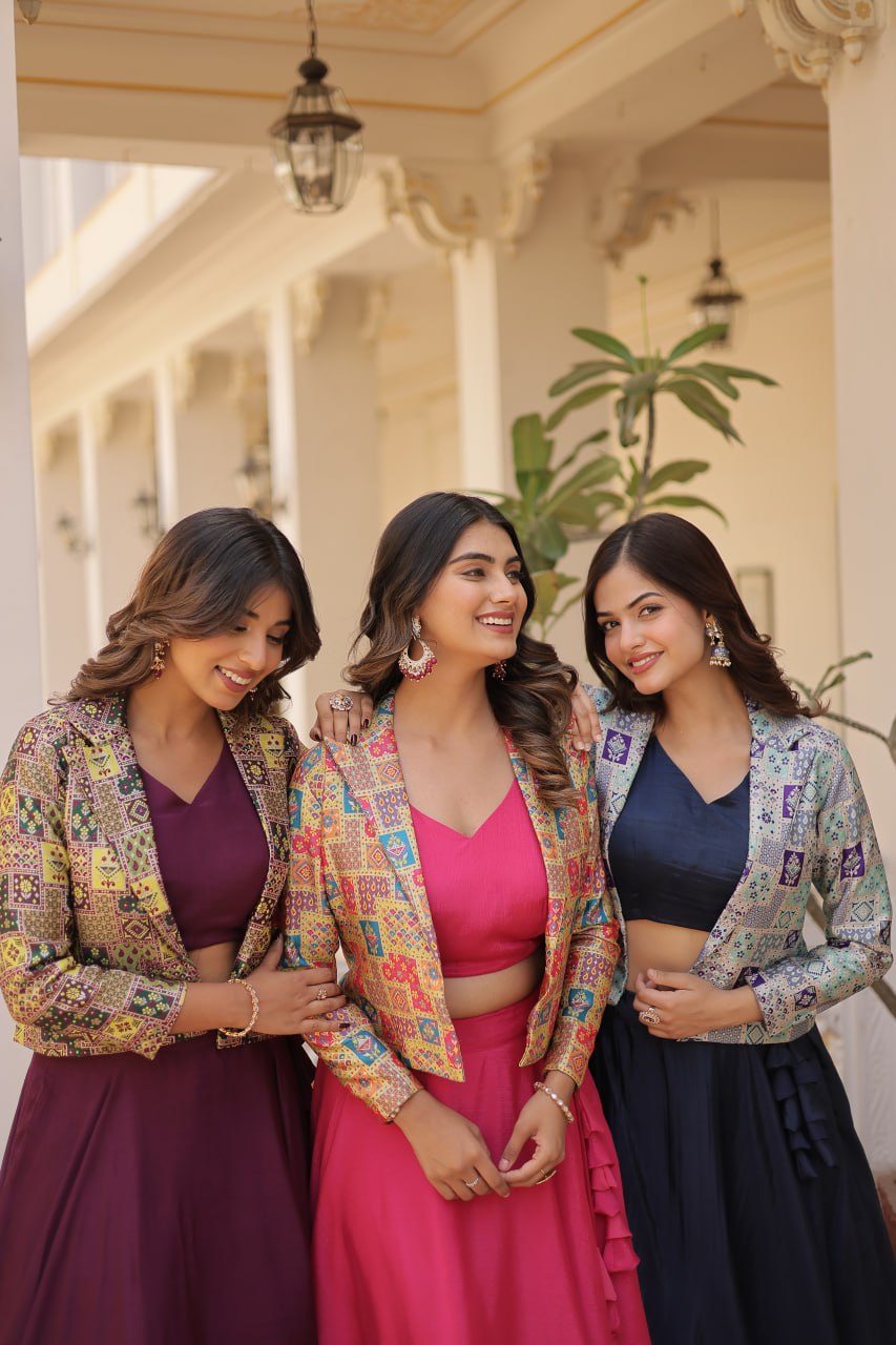 Stylish Chinon Fully Stitched Designer Lehenga Choli Koti Set - Ethnicwish