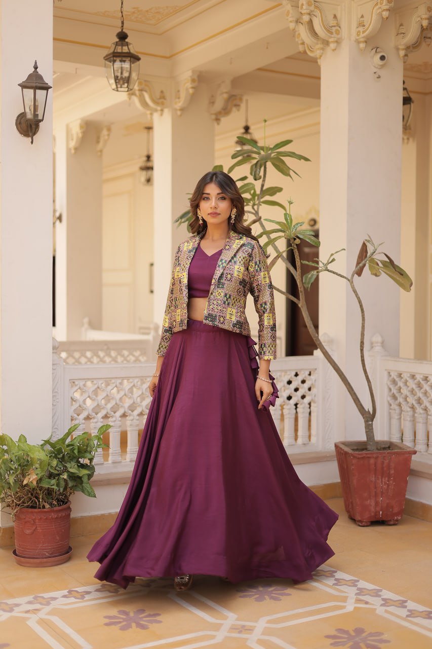 Stylish Chinon Fully Stitched Designer Lehenga Choli Koti Set - Ethnicwish
