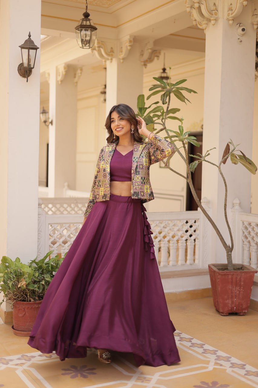 Stylish Chinon Fully Stitched Designer Lehenga Choli Koti Set - Ethnicwish