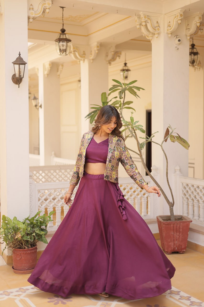 Stylish Chinon Fully Stitched Designer Lehenga Choli Koti Set - Ethnicwish