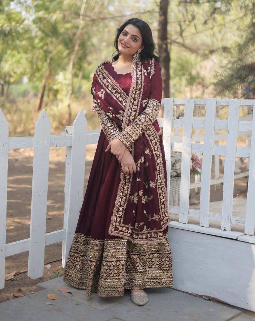 Radiant Rich Sequins Embroidered Designer Gown With Dupatta - Ethnicwish