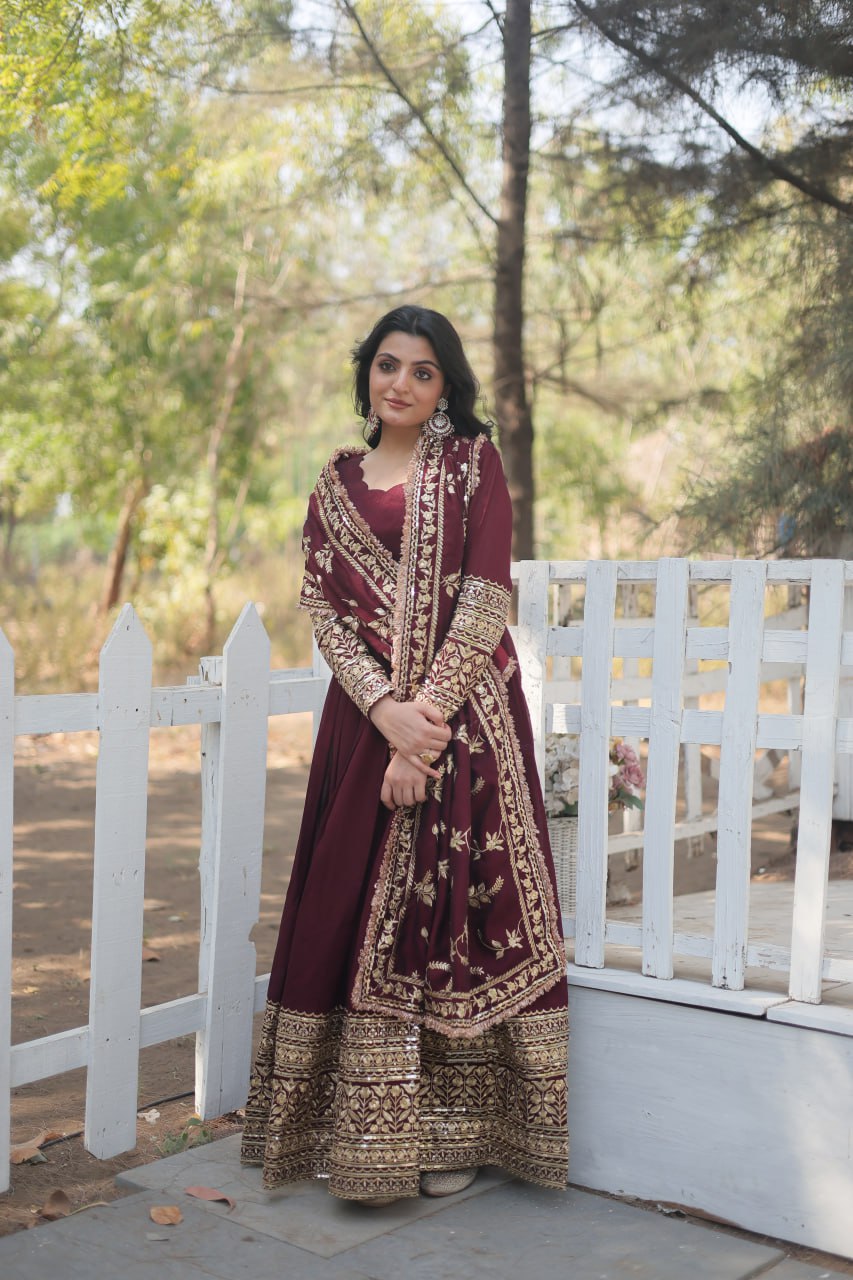 Radiant Rich Sequins Embroidered Designer Gown With Dupatta - Ethnicwish