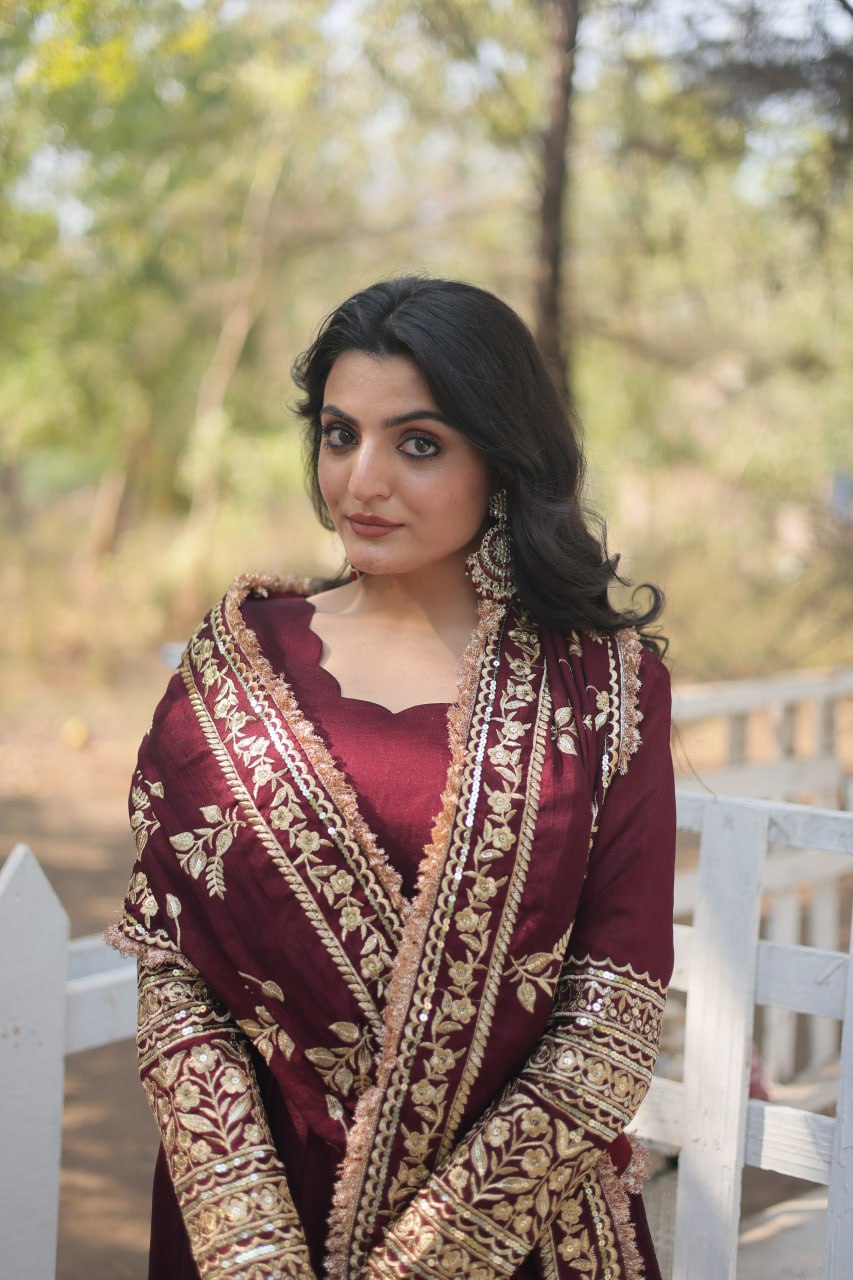 Radiant Rich Sequins Embroidered Designer Gown With Dupatta - Ethnicwish