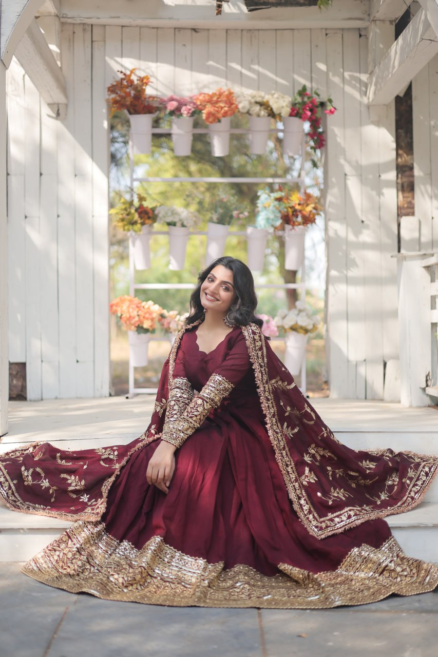 Radiant Rich Sequins Embroidered Designer Gown With Dupatta - Ethnicwish