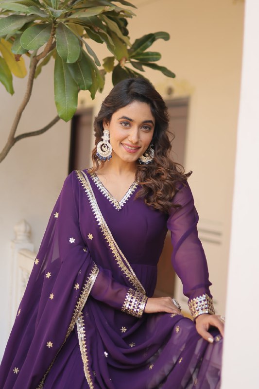 Graceful Faux Georgette Sequins Multi Worked Designer Gown - Ethnicwish