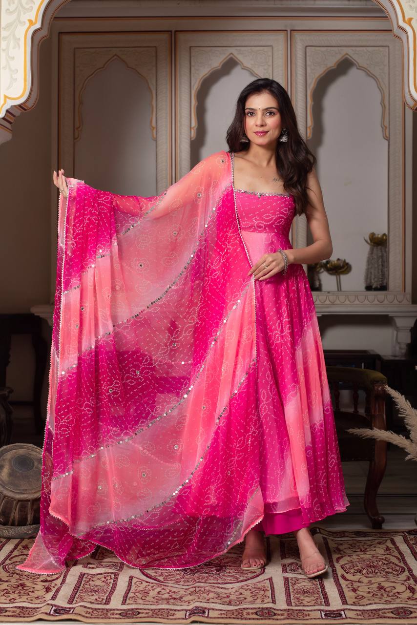 Luxury Pink  Real Mirror Handwork Anarkali Suit Set with  Dupatta & Pant
