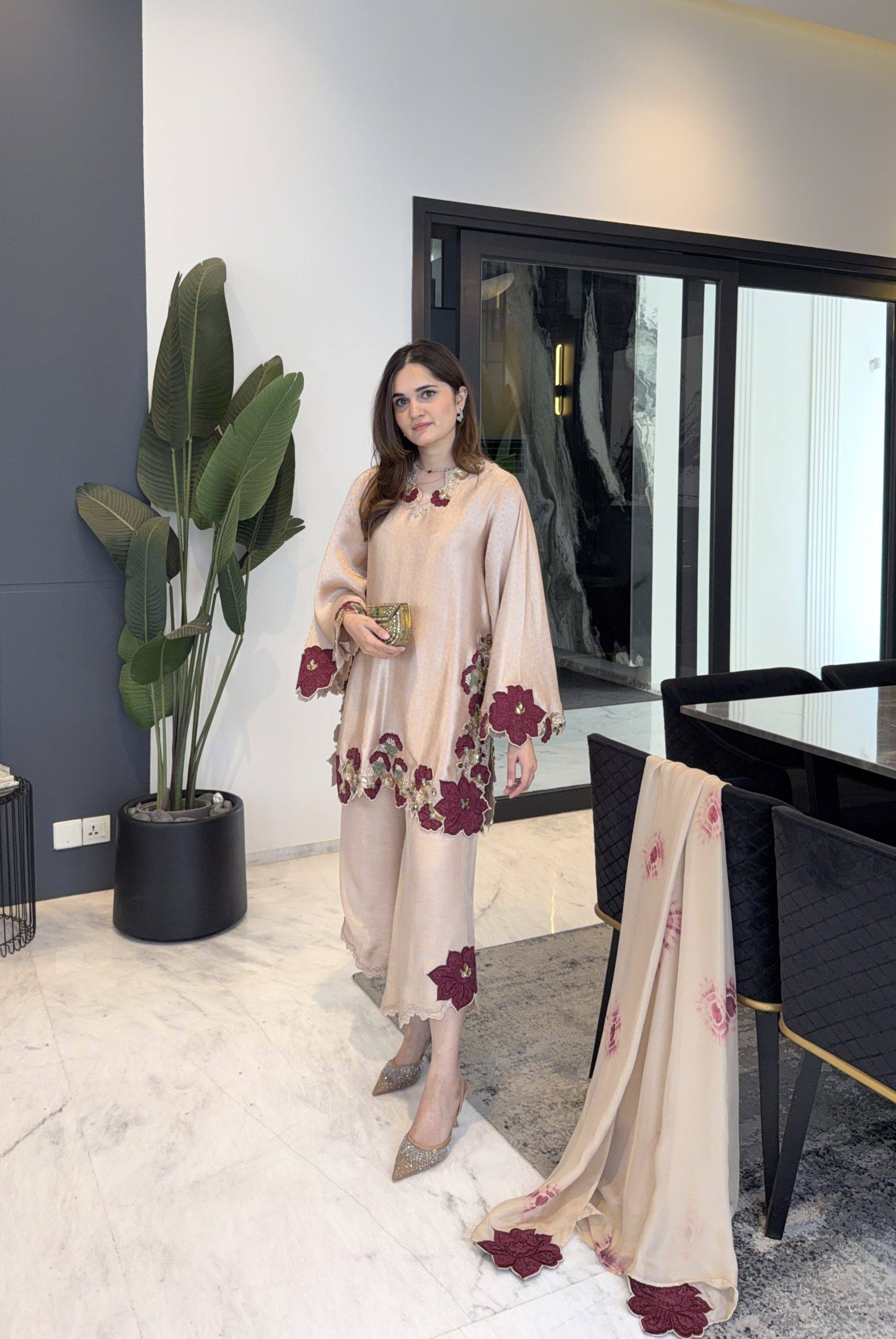 Champagne Beige Farshi Salwar Suit with Floral Embroidery & Designer Dupatta For Women