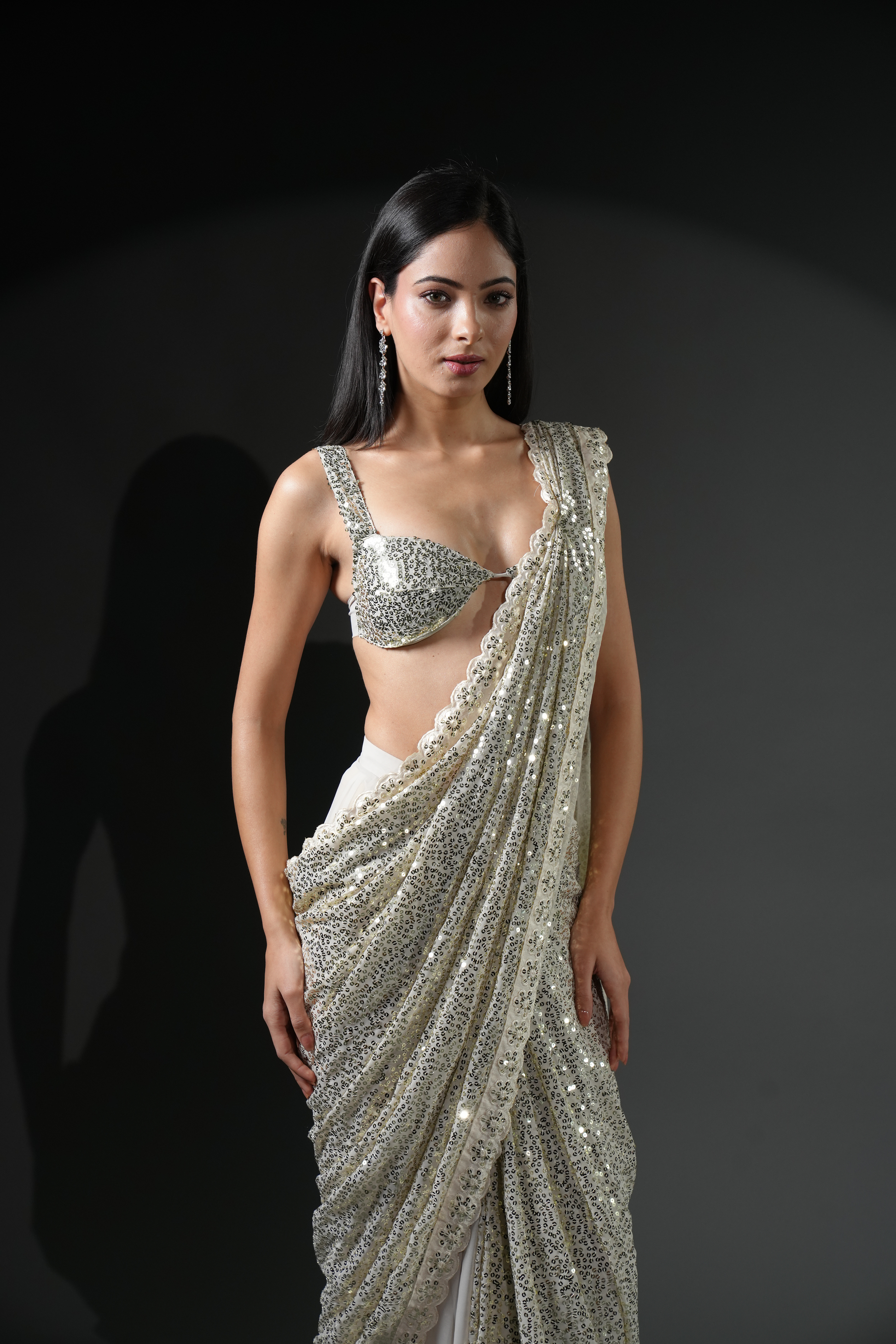 Designer Silver 1 Minute Ready To Wear Saree for Party & Evening Wear