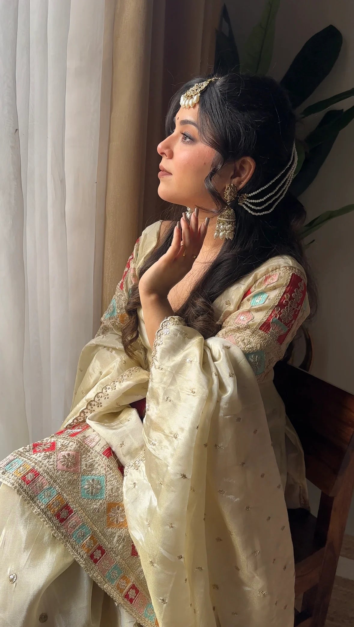 Festive Wear Ivory Heavy Chinon Silk Kurti Sharara Set with Embroidered Dupatta