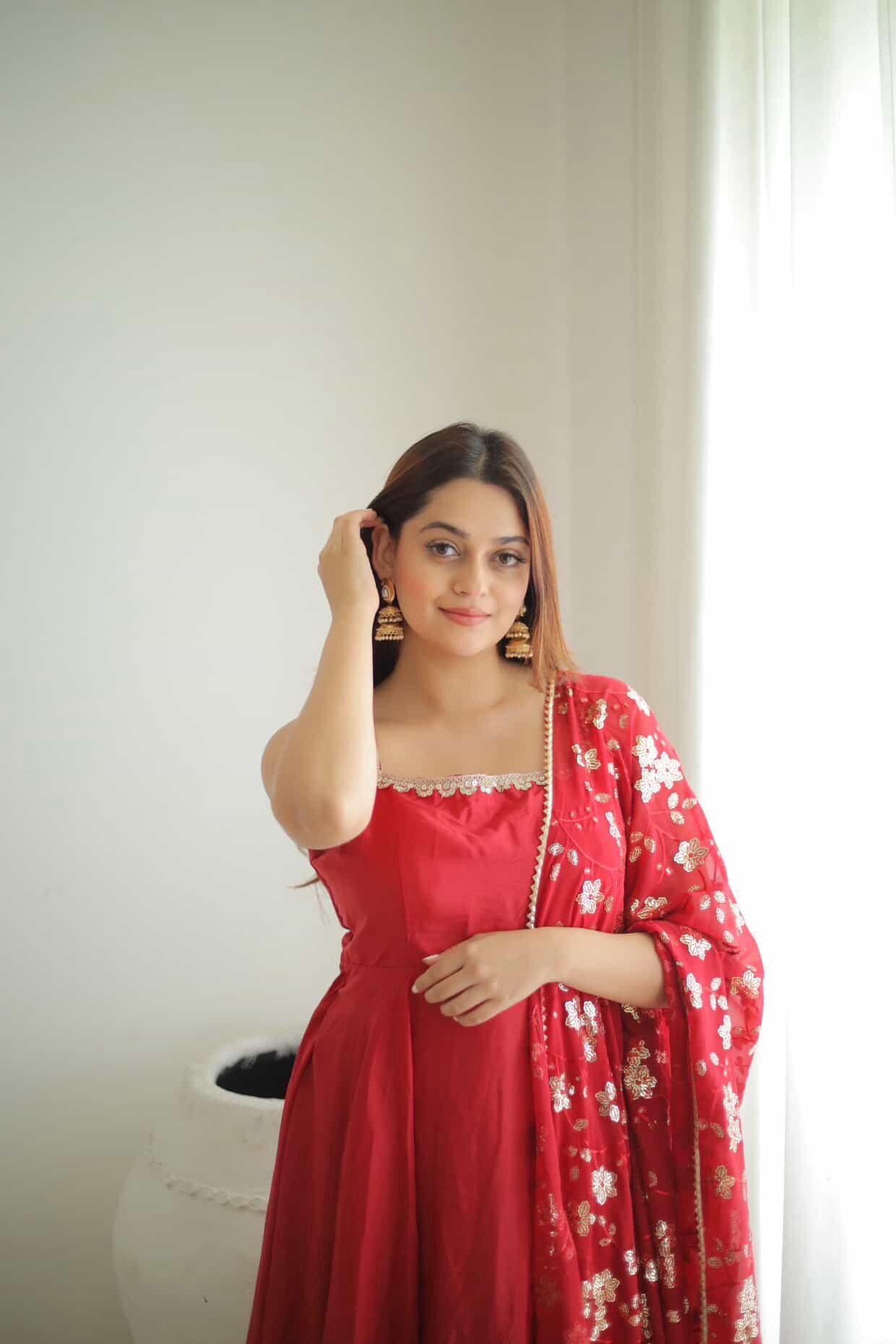 Red Georgette Sleeveless Gown with Sequins Dupatta | Party & Festive Wear