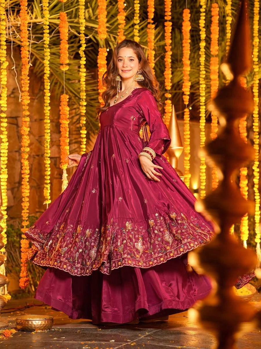 Wedding Wear Wine Anarkali Set