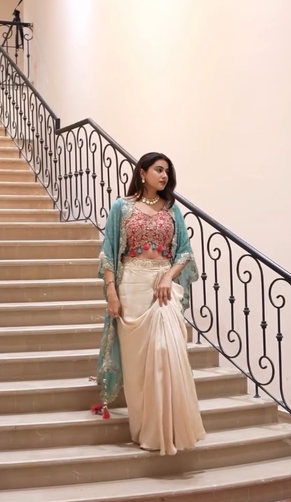 Indo Western Dress For Women | Cream Cowl Skirt & Rama Embroidery Blouse Set with Shrug