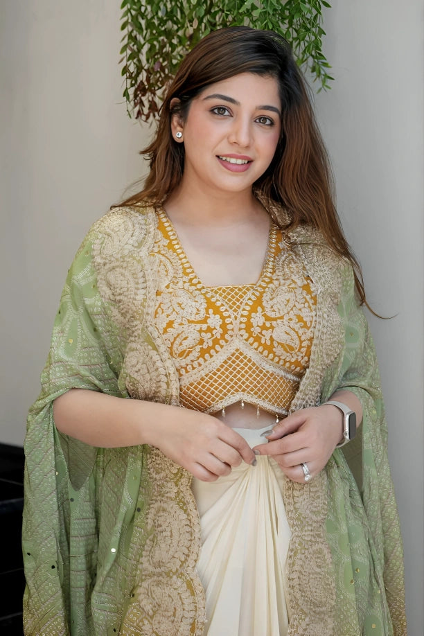 Ivory Pink Indo Western Draped Saree Set with Blouse & Shrug | Indo Western Dress For Women