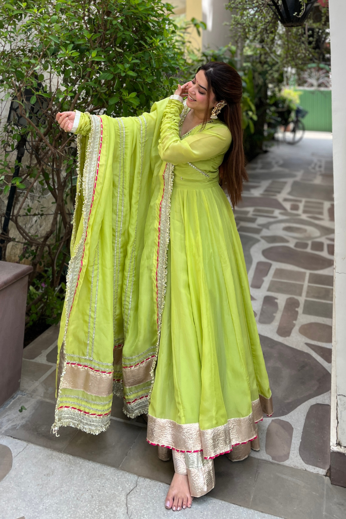 Lime Green Flared Anarkali Suit Set For Women | Ethnic Wear for Wedding, Party & Festive Occasions